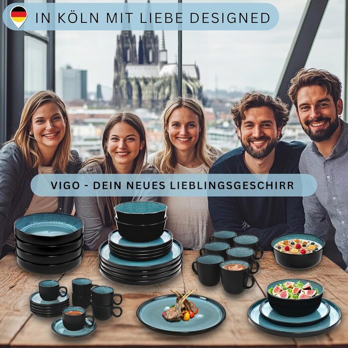 Набір кавових чашок Sänger Vigo (6 шт.) з порцеляни, 400 мл, блакитні з чорним обідком, стійкі до миття в посудомийній машині та мікрохвильовій печі | VALUE COLLECTION