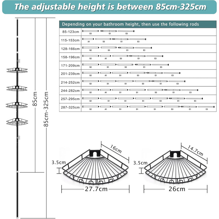 Hoomtaook Telescopic Shower Shelf, Shower Caddy Without Drilling Corner Stainless Steel Corner Shelf with 4 Shower Baskets, Telescopic Bathroom Shelf Height Adjustable 85-325cm for Bathroom and Kitchen, Black