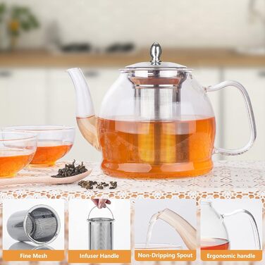 Чайник HEMOLY 1,8L зі скла та підставкою, зі ситечком для листового чаю та пакетиків