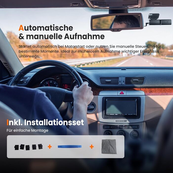 Відеореєстратор Faas Dashcam Auto Vorne & Hinten: 4K Dual, 64GB MicroSD, G-сенсор, час затримки, нічне бачення, режим паркування, циклічна запис – Чорний