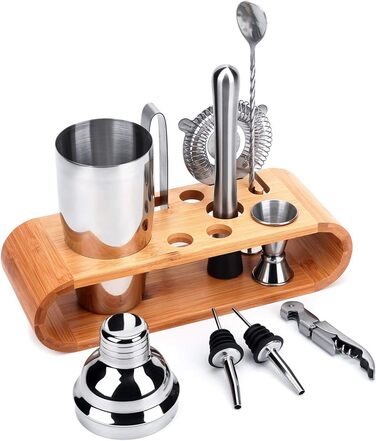 Набір бармена Wa-Very з бамбуковим підставкою (10 предметів), шейкер для Мартіні та аксесуари, з нержавіючої сталі