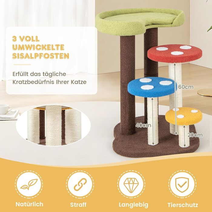 Дерев'яний кігтечка для котів Costway з печерками та ігровим м'ячиком, 60x65x94 см