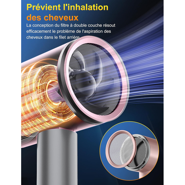 Професійний фен 2400W з іонізацією, складний, для подорожей, з насадкою-дифузором та терморегулятором (сірий/рожевий)