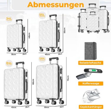Набір валіз KESSER® 4 шт. | ABS валізи з кодовим замком, ваговою валізою та органайзером для подорожей | Ручна та велика валіза для бізнесу та подорожей, 360° обертання (Білий сніг)