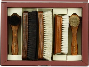 Langer & Messmer 4-Piece Shoe Brush Set made of Horsehair for the professional shoe care of smooth leather shoes - includes polishing brushes and cream brushes (5-piece set, Essential)