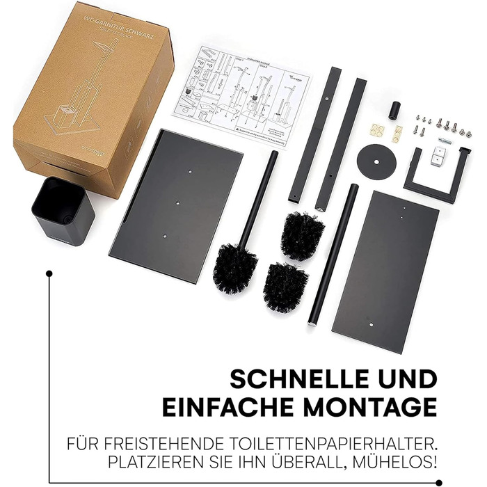 Набір для ванної кімнати WC-Garnitur з тримачем для туалетного паперу, без свердління, з нержавіючої сталі, скляний підстав, 32x20x70 см, чорний
