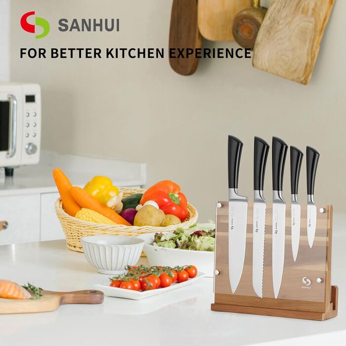 SANHUI 6-Piece Knife Set with 5 Stainless Steel Kitchen Knives and 1 Acacia Wood Magnetic Knife Block – the perfect stylish and beautiful kitchen knife set