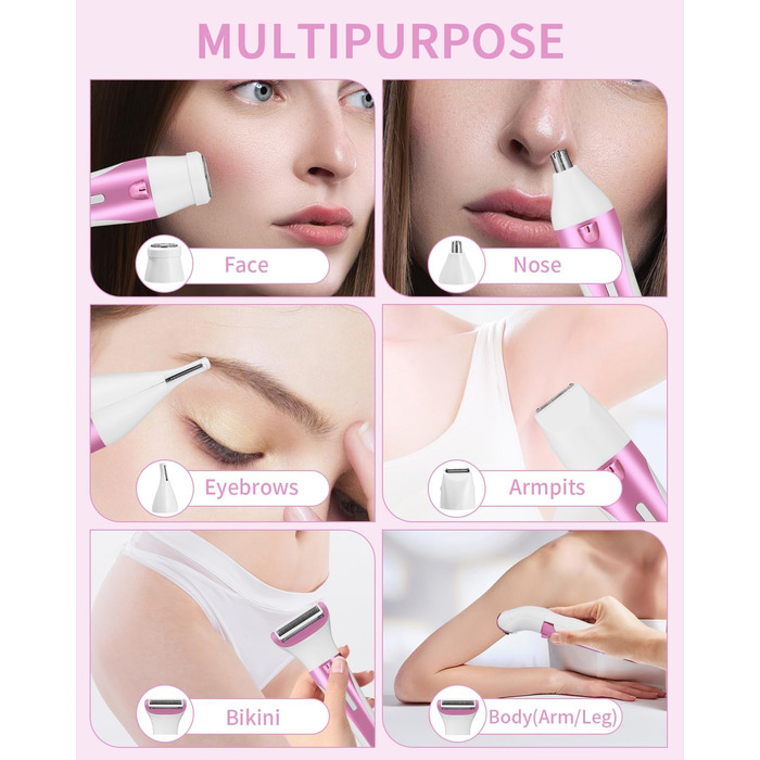 Електричний жіночий тример 5-в-1 для тіла, бікіні, брів та носа. USB-зарядка. Білий (фіолетовий)