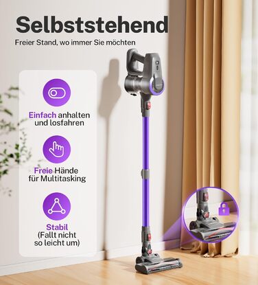 Бездротовий акумуляторний пилосос з потужністю 25000Pa, 175W, час роботи 50 хвилин. З антизаплутувальною насадкою та самостійне зберігання. Легкий ручний пилосос для твердих підлог, килимів, шерсті тварин. Колір: Taro-violett