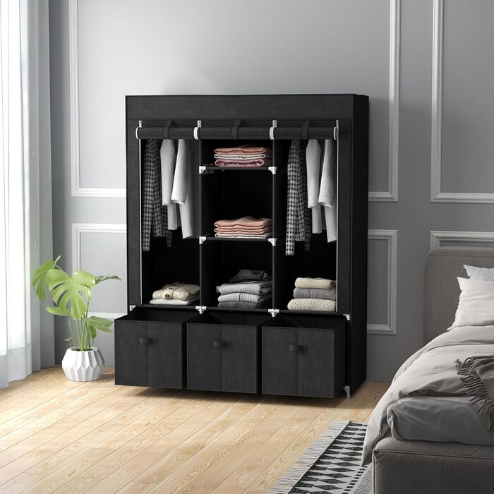 HOMCOM Fabric Wardrobe, Foldable Clothes Closet with Clothes Rod & Drawers, Folding Closet with Zipper, Fabric Closet for Bedroom, Black, 125 x 43 x 162.5