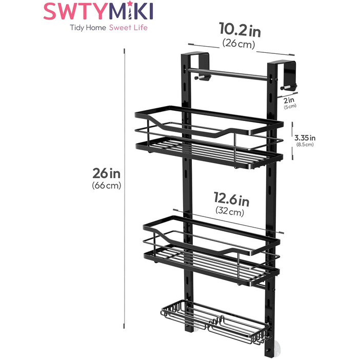 SWTYMIKI Adjustable Hanging Shower Shelf - No Drilling Shower Shelf for Glass Door, Stainless Steel Shower Shelf with Hooks and Soap Holder, Shampoo Holder for Shower, Black