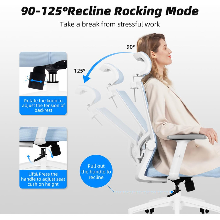 Ергономічне крісло Daccormax для офісу: регульована підголовник, підлокітники, підтримка попереку, поворотний механізм, функція гойдання, дихаюча сітка, для спини, до 150 кг (Блакитний)