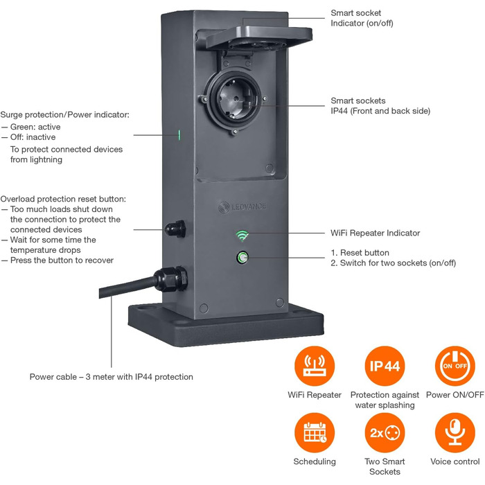 LEDVANCE Smart Plug - Розумна мережева розетка з трьома роз'ємами та USB, WiFi-повторювач, для вулиці, керування через додаток, Alexa, Google