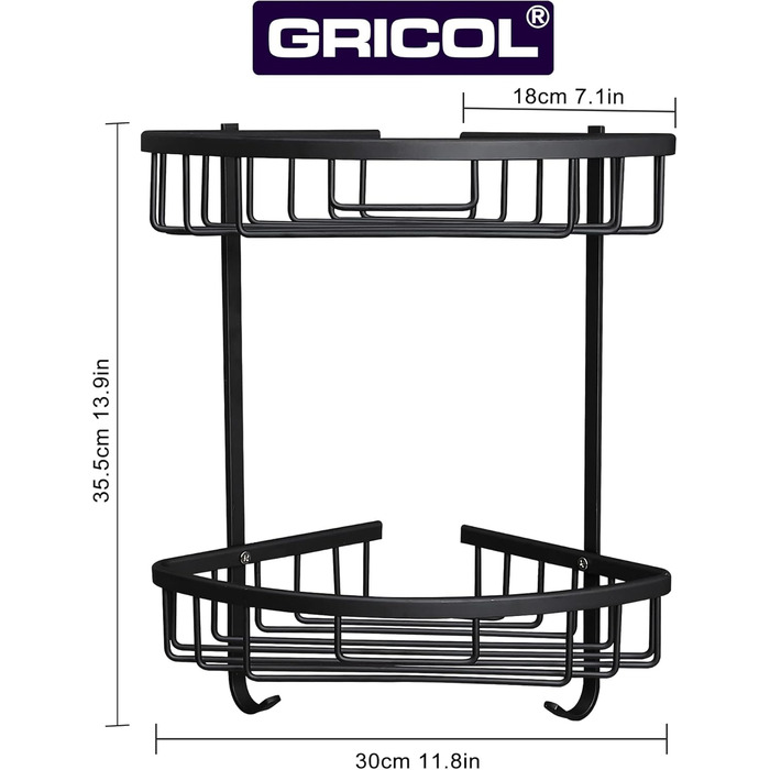 Поличка для душу GRICOL Eck-Duschregal без свердління, металева, кутова, 2 рівні, з гачками, для ванної кімнати, чорна