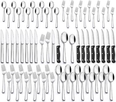 Набір столових приборів Terlulu на 12 осіб (72 шт.) з нержавіючої сталі, з ножами для стейка. Столовий набір з виделкою, ложкою та ножем. Елегантний столовий прилад для дому, ресторану, вечірки. Можна мити в посудомийній машині, квадратні краї.