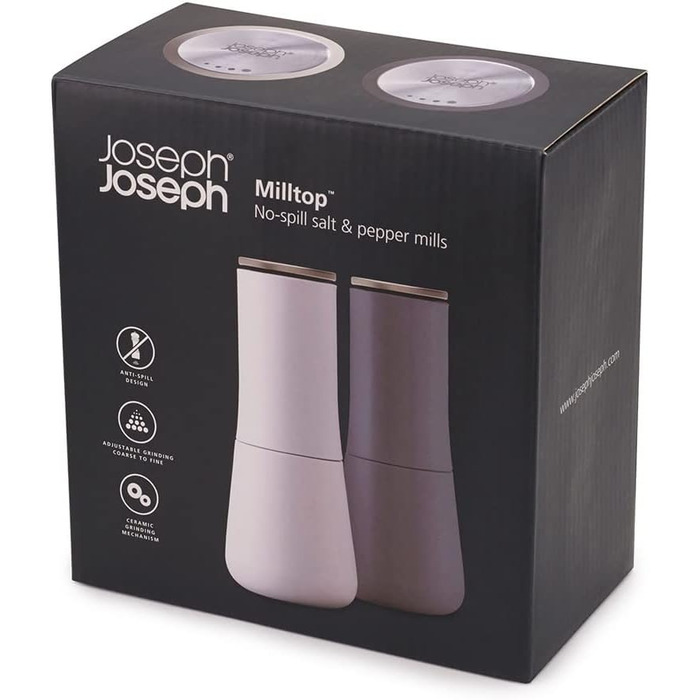Joseph Joseph Milltop – Leak-Proof Salt and Pepper Grinder Set, Refillable with Ceramic Grinder - White/Gray