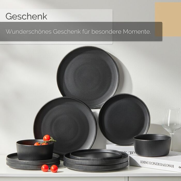 Набір посуду Jiwoo на 4 особи (12 предметів): тарілки, миски, десертні тарілки, Bone China, чорний матовий, для мікрохвильовки та посудомийної машини