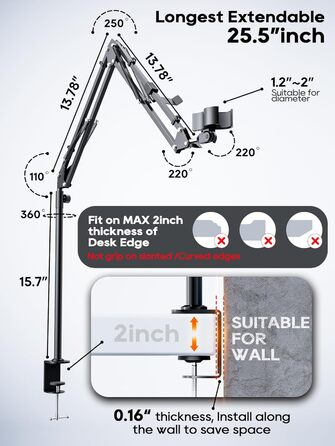 Кріплення для мікрофона Boom Arm, 360° обертання, з кріпленням на стіл, регульований, з адаптером 3/8''-5/8'', для стрімінгу, геймінгу, подкастингу, 15 дюймів, (M05)