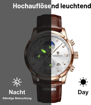 Годинник чоловічий LIGE, Хронограф, Аналоговий кварц, Ремінець з шкіри, Календар, Світлодіодна підсвітка, 3ATM водостійкість, Бізнес-годинник для відпочинку (Коричневий)