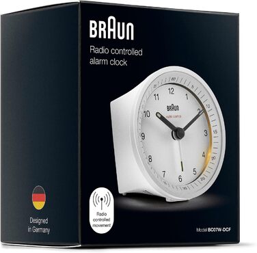 Classic Braun analog radio alarm clock for Central European Time (CET/GMT+1) with snooze function and illumination, quiet movement, crescendo alarm in white, model BC07W-DCF