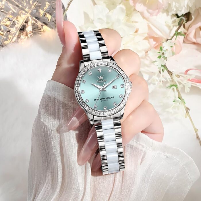 Годинник жіночий OLEVS з діамантами, елегантний, люкс, на зап'ястя, кварцовий, рожеве золото, скло керамічне (3651 Silver Blau)