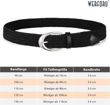 Жіночий/Чоловічий плетіний еластичний ремінь WERFORU для джинсів та штанів (110 см, чорний з срібляною пряжкою)