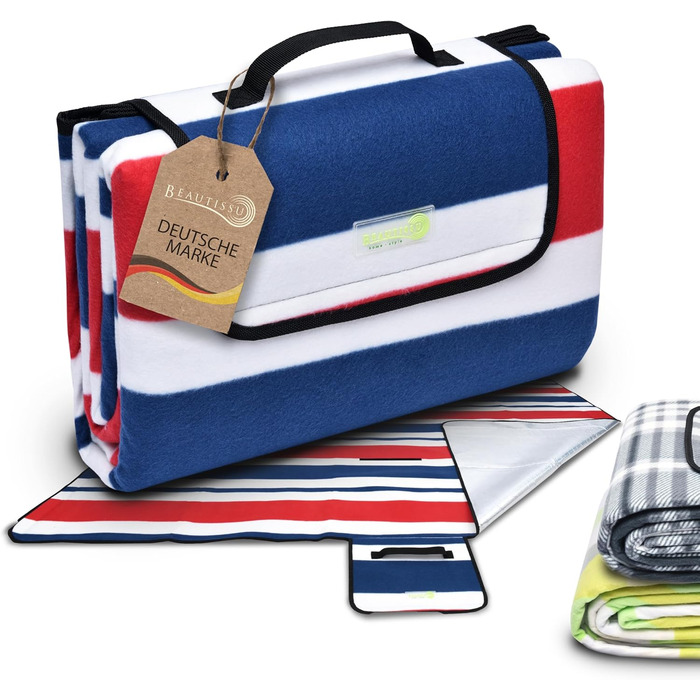 Beautissu XXL Плед для пікніка водовідштовхувальний ізольований Bella – великий 200x200 см, компактний, для пляжу, кемпінгу, подорожей, басейну – сірий (блакитний)