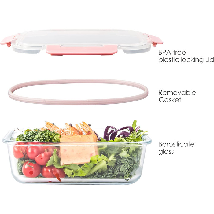 Набір з 10 скляних контейнерів для зберігання продуктів, з кришкою, BPA-Free, підходить для мікрохвильової печі, морозильника та посудомийної машини (Рожевий)