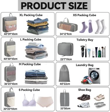 Набір органайзерів для валізи 8 шт., компресійні пакети для подорожей, сірий колір