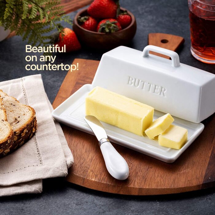 Ceramic Butter Dose Set with Lid and Knife, Decorative Butter Stick Holder with Handle for 1 Butter Stock, Microwave Safe, Dishwasher Safe, Includes Anti-Scratch Sticker