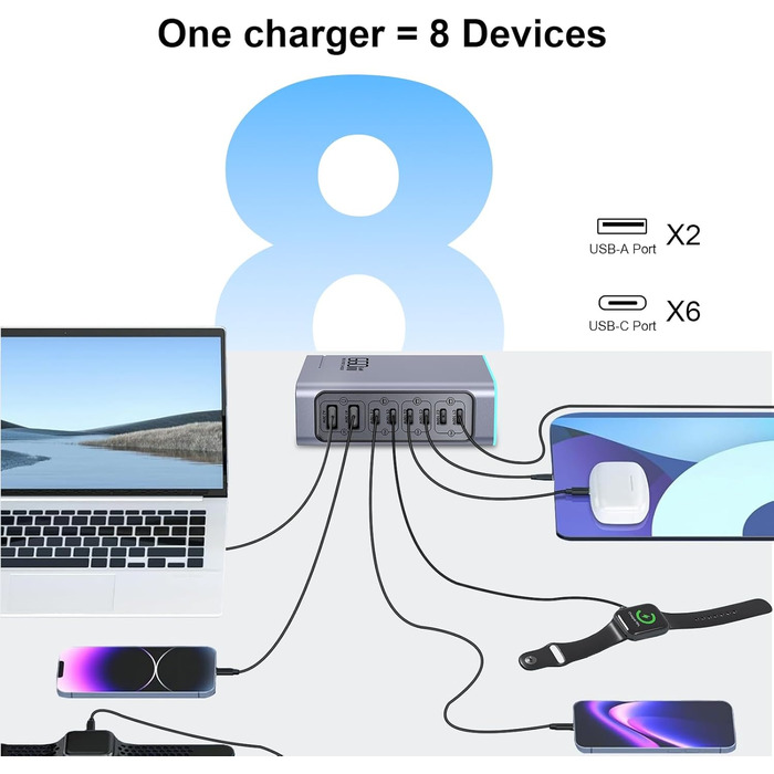 Зарядний пристрій USB 240W, 6 портів: 4xUSB + 2xUSB-A для MacBook, iPad, iPhone, Samsung (швидка зарядка)