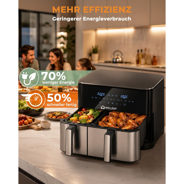 Аерофритюрниця WELLENT Dual Zone XXL 11л - 2950W з 2 камерами (6+6л), функцією Match & Sync, вікном огляду, таймером та можливістю миття в посудомийній машині