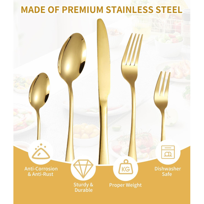12-Person Cutlery Set, 60-Piece Gold Stainless Steel Cutlery Sets, Elegant Dinnerware Cutlery, High-Gloss Polished and Dishwasher Safe, with Knife, Fork, and Spoon, for Home, Party, Restaurant