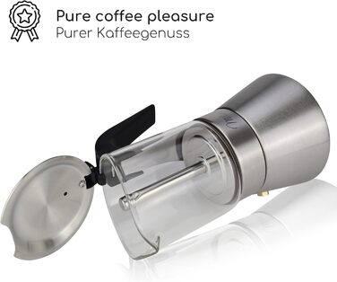 Milu Espresso Maker Induction Compatible | 4, 6 Cups | Stainless Steel Glass Moka Pot, Espresso Pot, Espresso Maker Set including coaster, spoon, brush (4 cups 200ml) Glass 4 cups (200ml)
