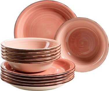 MÄSER 931495 Bel Tempo II, 12-piece tableware set for 6 people with a modern vintage look, hand-painted, pink, stoneware.