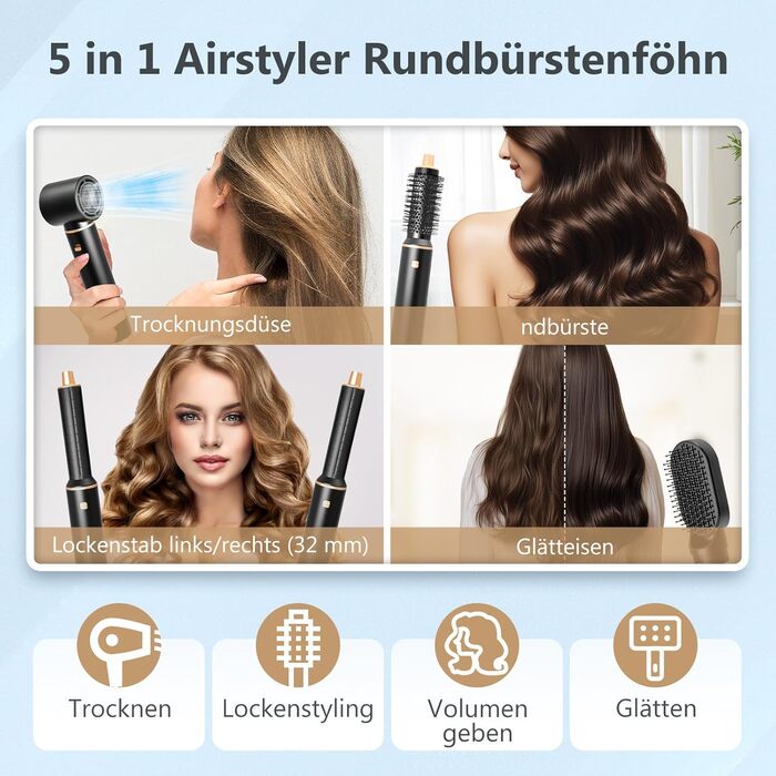 RUIZHI Airstyler 5 в 1: Фен-щітка для волосся з 5 насадками, 110000 обертів/хв, 3 температурні режими, для об'єму, локонів та випрямлення волосся