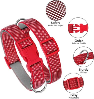 Відбиваючий нашийник для собак Didog з пряжкою, регульований, м'який неопрен, з підкладкою, нейлон, для малих, середніх та великих собак, зелений, L (M: Neck 25-43cm, Червоний)