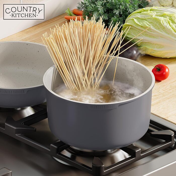Набір посуду Country Kitchen 16 предметів з керамічним антипригарним покриттям, дерев'яні ручки, для дому та кемпінгу, придатний для духовки (кремовий/сіро-бежевий)