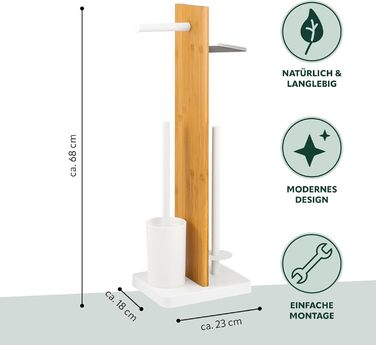 Набір для туалету Eluno 4 в 1: щітка, тримач рулонів, полиця, бамбук/метал (білий)