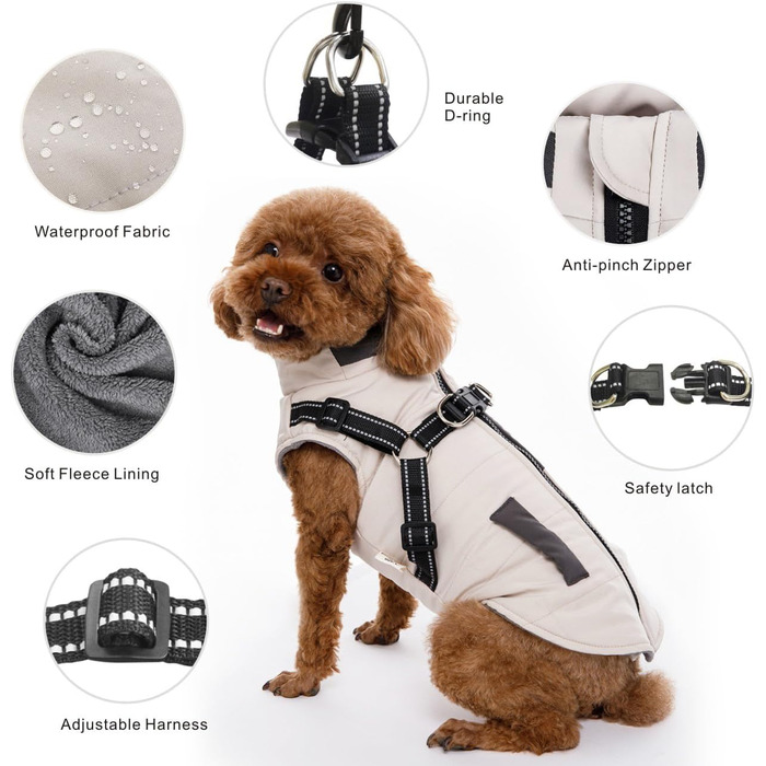 Osleidy Dog Winter Coats, Warm Dog Coats Reflective Dog Clothing Waterproof Puppy Vest for Cold Weather with Dog Harness for Small Medium Dogs (White, M)