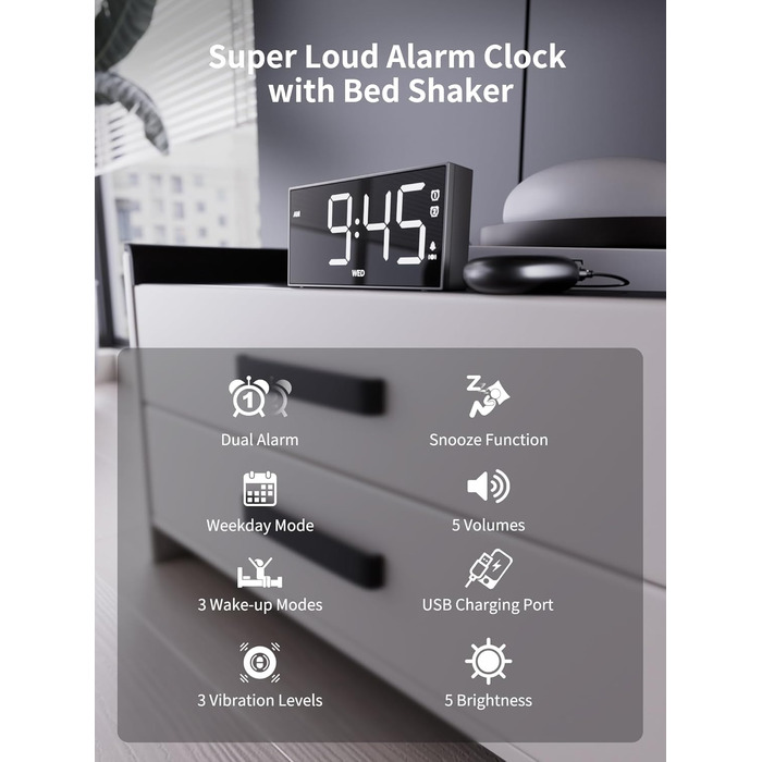 ROCAM Vibration Alarm Clock, Loud Alarm Clock for Deep Sleepers, 7'' Large Display, Bold Font, Digital, Adjustable Brightness, Dual Alarm, Snooze, USB Charger, for Use in the Bedroom (white)