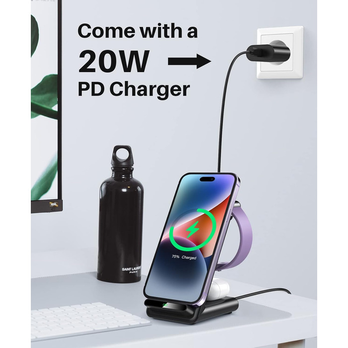 3-в-1 Бездротовий зарядний пристрій: для iPhone 16, 15, 14, 13, 12, 11 Pro Max, Apple Watch та AirPods Pro