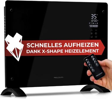 ProfiCare® Електричний обігрівач з скляною передньою панеллю та X-подібним нагрівальним елементом | Мобільний обігрівач, також підходить для настінного монтажу | Конвектор з 2 рівнями нагріву | Безшумне опалення - 0dB | PC-GKH 3118 чорний