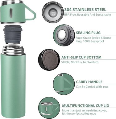 Stainless Steel Thermos Flask with Cup and Handle - 500ml Insulated Travel Mug - Leakproof, Double-Walled, Vacuum-Sealed - Keeps Hot/Cold for 12 Hours - for Kids, Sports, Outdoors (Black, Green)
