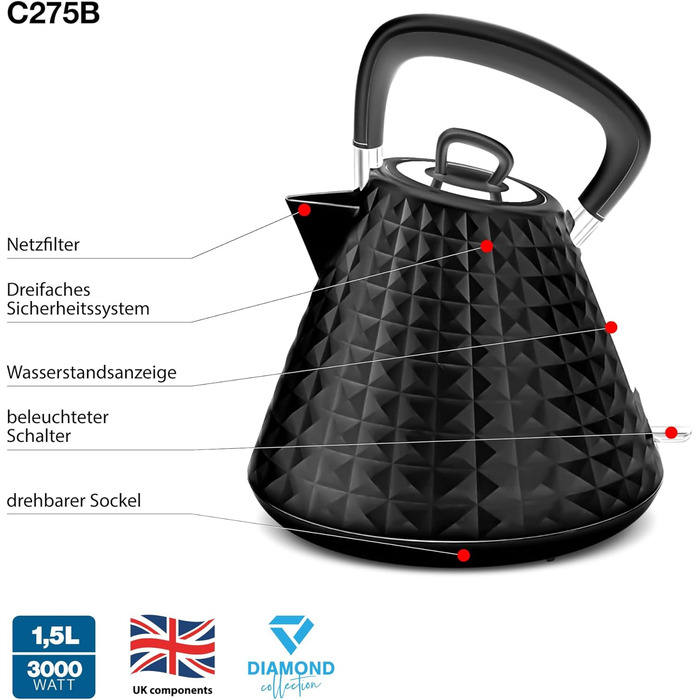 Eldom VENO Retro Kettle - 1.5L Capacity, 3000W Fast Boil, Vintage Design with Grid Pattern, Removable Scale Filter - White/Black Delux