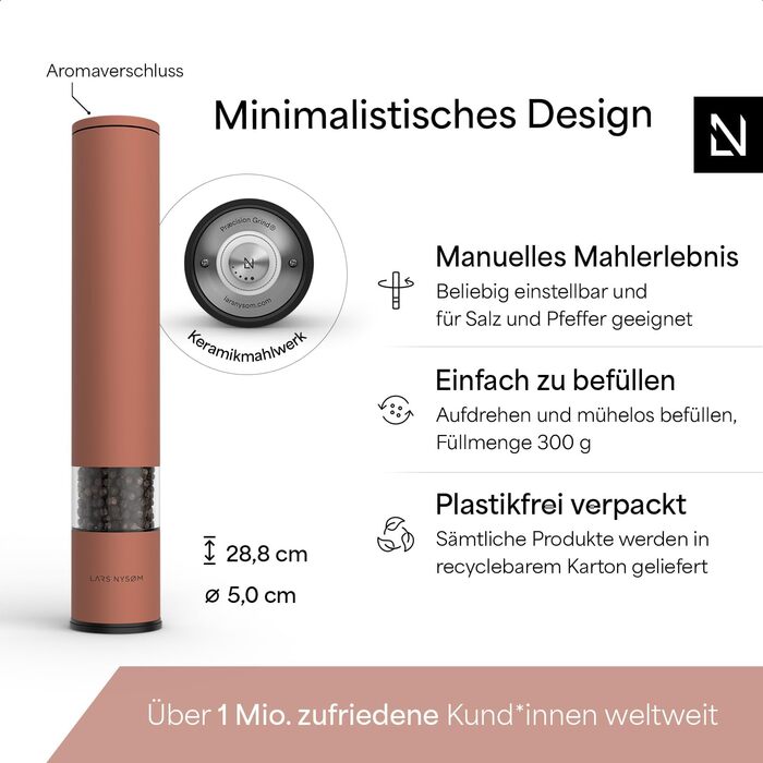 Механічна перцева млинка LARS NYSØM з регульованим керамічним жорном (28,8 см) | Для солі та перцю | Gewürzmühle (1 шт.) (XL, Brick Red)