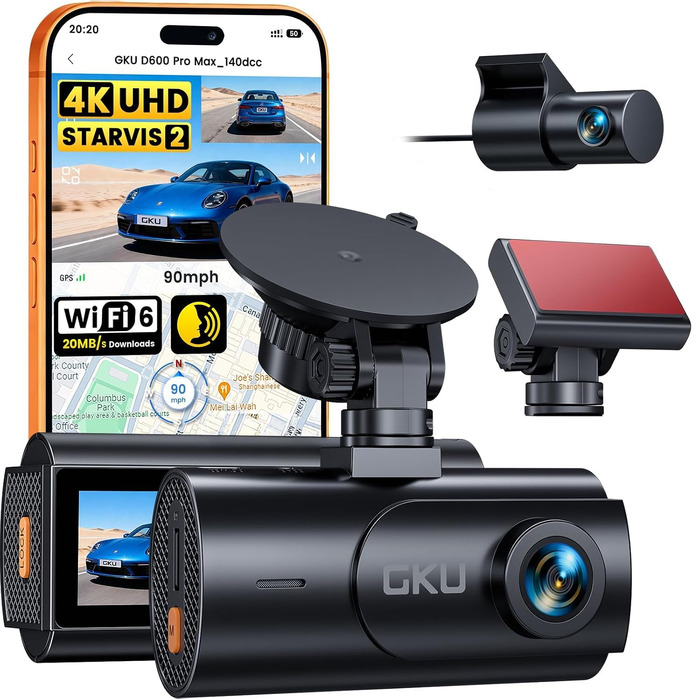 Автомобільний відеореєстратор GKU D600ProMax 4K Ultra HD з передньою та задньою камерами, сенсором STARVIS 2 та WiFi 6 (чорний)