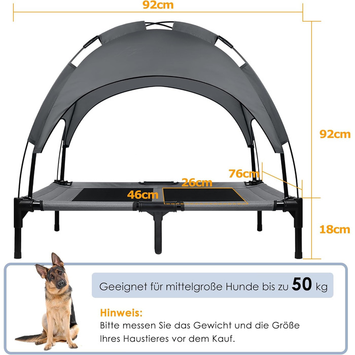 Підвищене ліжко для собак UISEBER 92x76x92 см, Outdoor з дахом, для великих собак до 50 кг, водонепроникне, сіре+чорне 【L】