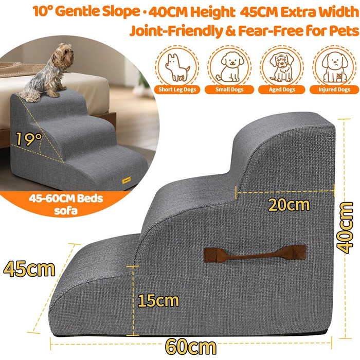 Сходинка для собак Gimars 30D з широкою сходинкою, 3 ступені, 40 см, знімний чохол та антиковзаюче покриття. Підходить для малих собак до дивану, ліжка, авто.