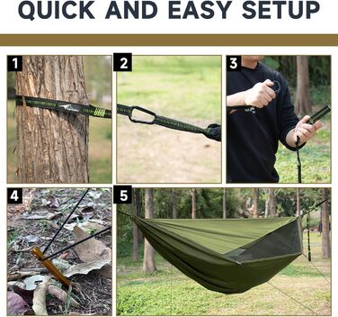 Гамак для кемпінгу з москітною сіткою та відтяжкою, великий на 2 особи, 290 x 140 см, легкий, для відпочинку на природі, походів, подорожей та рюкзаків, армійний колір 01-armeegrün (02-armee)